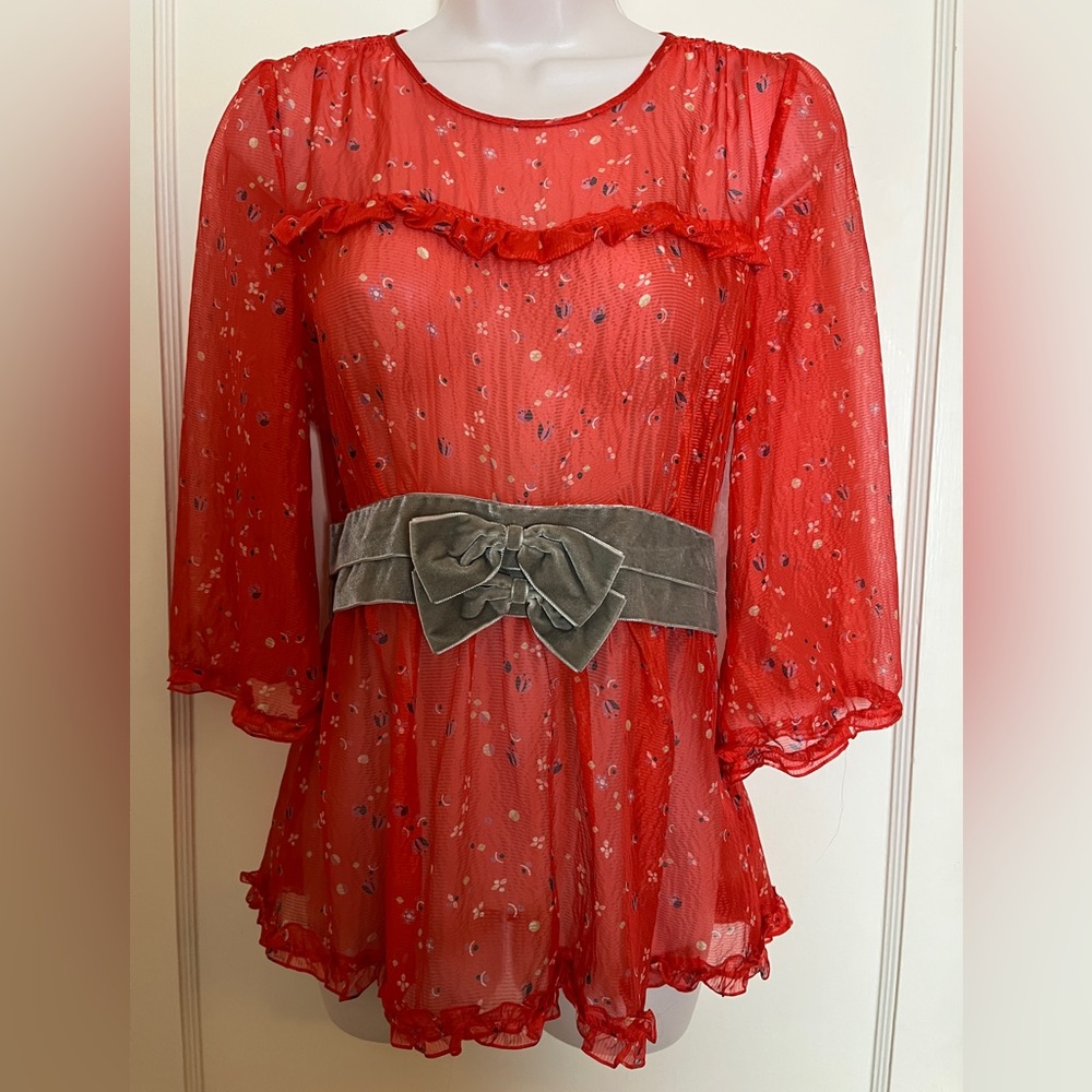 Marc Jacobs Tangerine Floral Blouse with Velvet Belting